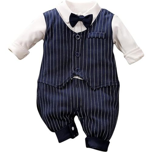 HUAANIUE Newborn Baby Boys Gentleman Romper One Piece Long Sleeve Bowtie Outfit Formal Wear Tuxedo Suit