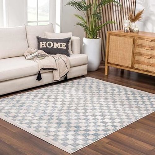 Logic Living Room, Bedroom Area Rug - Checkered Checkerboard Geometric Square - Contemporary Modern Minimalist Transitional Scandinavian - Cream, Silver Blue, Light, Blue, Gray - 5'3" x 7'