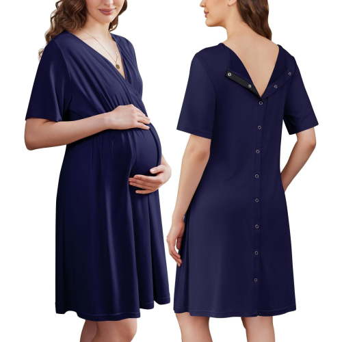 Ekouaer Labor and Delivery Gown for Hospital Short Sleeve Maternity Nursing Dress Nightgown with Button Navy Blue S