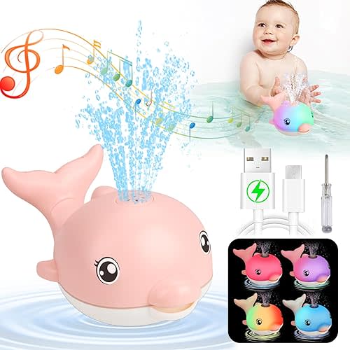 Bath Toys, Light Up Dolphin Baby Bath Toys for Babies 6-12 12-18 Months, Rechargeable Sprinkler Musical Toys, Easter Basket Stuffers Bathtub Toys for Toddlers 1-3 2-4 Boys Girls Infant Kids- Pink