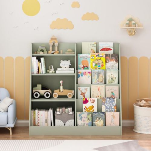 Wood Kids Bookshelf with Bookcase Display Stand, Toy Storage Organizer for Kids Room, Playroom, Nursery, Sage - ModernLuxe