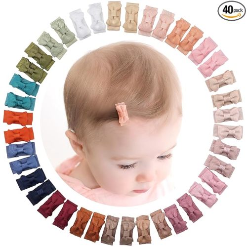 CÉLLOT 40pcs Mini 1.2" Grosgrain Ribbon Snap Clips - Tiny Fine Thin Hair Bows in Pairs for Baby Girls, Toddlers, and Infants
