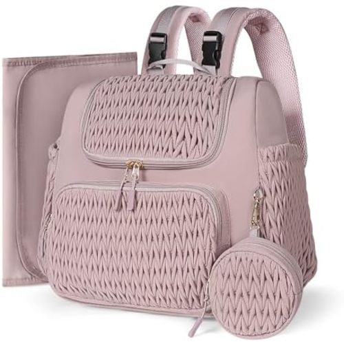 Geestock Diaper Bag Small Diaper Backpack, Stylish Quilted Baby Backpacks, Mini Maternity Bags, with Changing Pad, Pacifier Case & Stroller Straps, Parents Essentials Diaper Bag, Pink