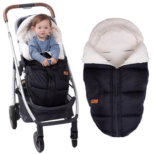Stroller Footmuff, Stroller Cover for Winter, Front Panel Removeable Stroller Sleeping Bag, Adjustable Length Baby Stroller Blanket Winter with Soft Hood, Fleece Lined Stroller Warmer Cover - black