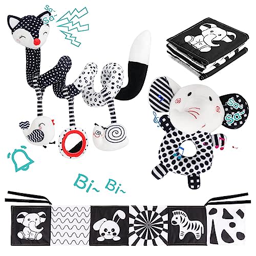 AJsupojouet 3 Pcs Car Seat Toys for Babies 0-6 Months,Black and White Baby Hanging Rattle Toys for Crib Mobile,High Contrast Baby Toys for Newborn Toys,Infant Sensory Toy Best Gift for 0-6 6-12months
