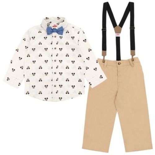 Disney Mickey Mouse Infant Baby Boys Button Down Shirt Twill Pants Suspenders and Bow-Tie 4 Piece Outfit Set 24 Months