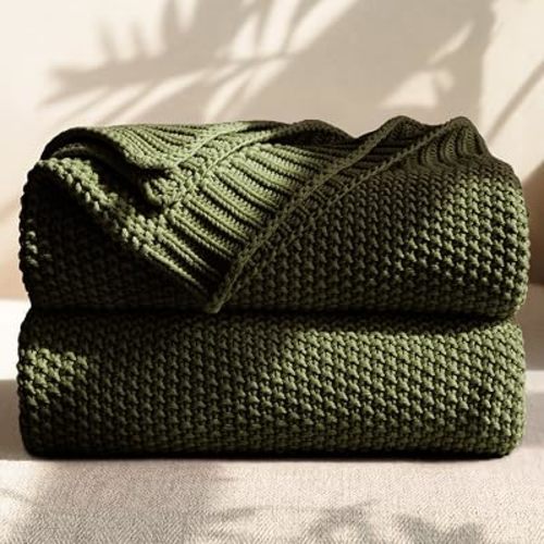 100% Cotton Cable Knit Throw Blanket, Lightweight Soft Knit Blanket for Sofa Couch Bed, Breathable All-Season Throw, Cozy Decorative Blanket, 50 x 60 Inch,Olive Green