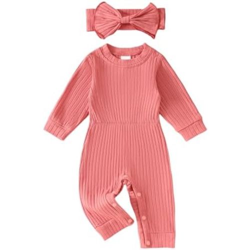 Winioder Newborn Baby Girl Fall Clothes Ribbed Long Sleeve Romper Jumpsuit with Headband Infant 2Pcs Coming Home Outfit