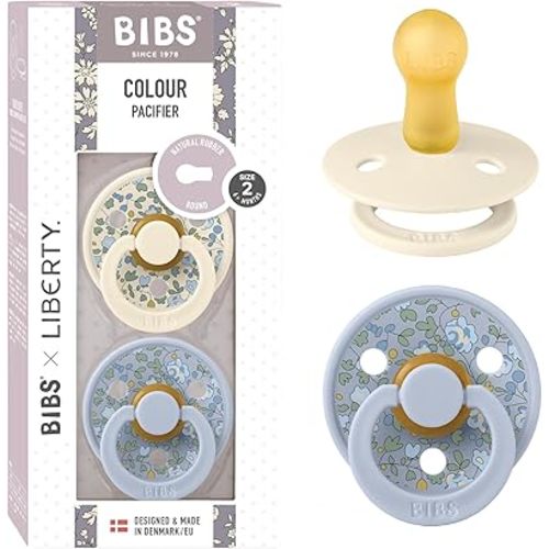 BIBS Liberty Pacifier | 2 Colour Natural Rubber Latex Soothers | BPA Free Dummy Pacifier | Round Nipple | Designed & Made in Denmark | Eloise Dusty Blue