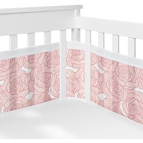 Sweet Jojo Designs + BreathableBaby Pink Floral Rose Girl Breathable Mesh Crib Liner Anti-Bumper Baby Infant Solid Light Blush Flower Luxurious Elegant Princess Vintage Boho Shabby Chic Luxury Roses