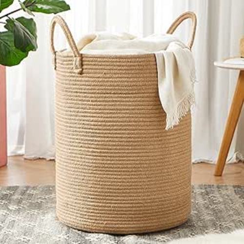 Jute Woven Rope Laundry Hamper Basket, 15Dx20H inches Tall Hamper Basket for Blanket Storage, Nursery Clothes Hamper for Laundry in Bedroom - 60L, (15"D x 20"H)