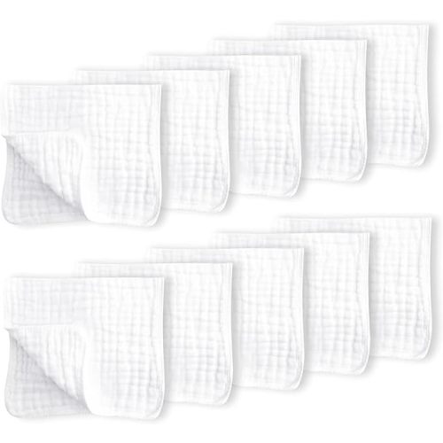 CottCare 10 Pack Muslin Burp Cloths for Unisex Baby 100% Cotton Large 20''X10'' Thicken Super Soft and Absorbent (White)