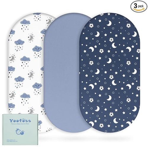 Yoofoss Bassinet Sheets for Baby,3-Pack Fitted Bassinet Sheets Set Compatible with Halo Bassinest Swivel Sleeper,Baby Delight,Angelbliss,Soft Breathable Bassinet Mattress Sheets(Blue+Cloud)