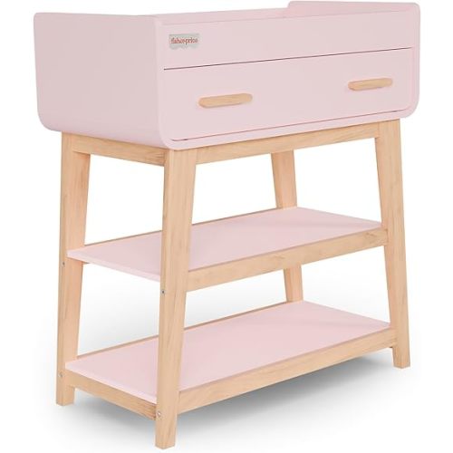 Fisher Price by Dream On Me Baby Changing Table, Blush Pink – Greenguard Gold & JPMA Certified, Wooden Nursery Dresser with Storage Shelves – Compact, Sturdy & Easy-to-Clean Design
