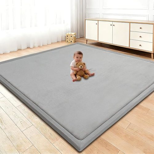 Baby Play Mat for Floor, 1.3 Inch Thick Memory Foam Tummy Time Mat with Non Slip Backing, Soft Coral Velvet 59X71 Inch Playpen Mat Crawling Tatami for Infants Toddlers Kids, Light Grey