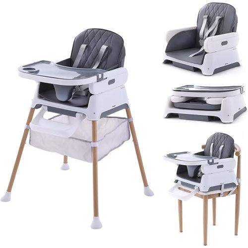 3 in 1 Baby High Chair, Booster Seat, Convertible Baby High Chairs for Babies and Toddlers, Hrusitoo Adjustable Compact Infant Feeding Chair (Light Gray)