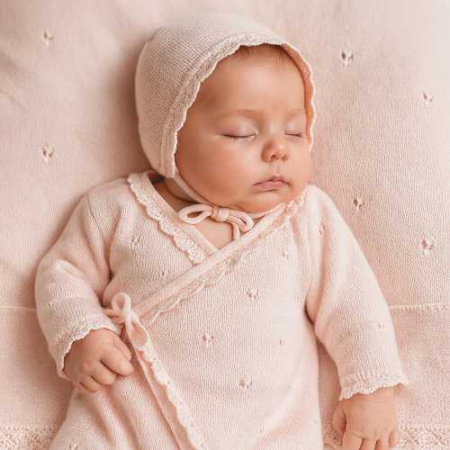 Hand Knitted Organic Cotton Newborn Baby Girl Coming Home Outfit Set, Wrap Romper, Blanket, Hat & Booties, Hospital Going Home Gift