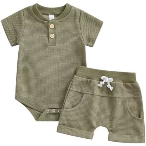 Kuriozud Newborn Baby Boy Summer Clothes Button Short Sleeve Romper Bodysuit Shorts Set Toddler Soft Waffle Outfit