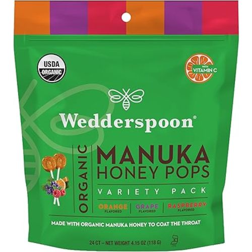 Wedderspoon Organic Manuka Honey Vitamin C Lollipops Variety Pack, 24 Count - No Artificial Flavors or Dye