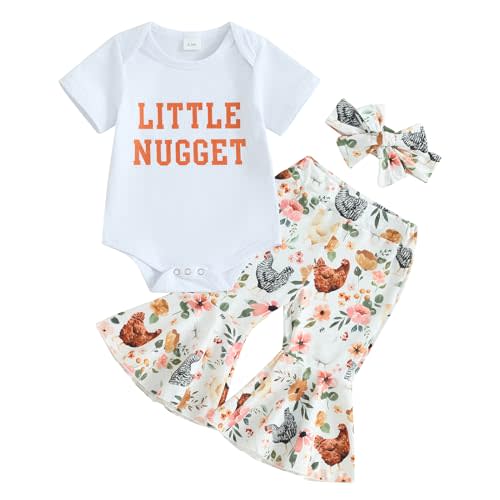 Karuedoo Newborn Baby Girl Farm Outfits Letter Print Short Sleeve Romper Chicken Flared Pants Headband 3Pcs Outfits Sets