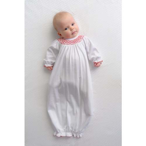 Sweetly Smocked Greeting Gown (Girl) - Worth Avenue White with Richmond Red