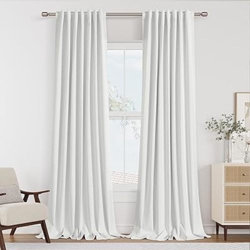 Guken White 100% Blackout Linen Curtains 95 Inch Length 2 Panels Set for Living Room Bedroom Back Tab Rod Pocket Thermal Insulated Black Out Drapes Room Darkening Window Curtains 52x95