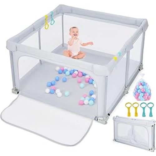 INFANS Baby Playpen Foldable, 50’’x50’’ Large Playard for Toddlers with Gate, Soft Visible Mesh, Indoor Outdoor Kids Activity Center Baby Fence with 4 Handlers 50 Ocean Balls (Gray)