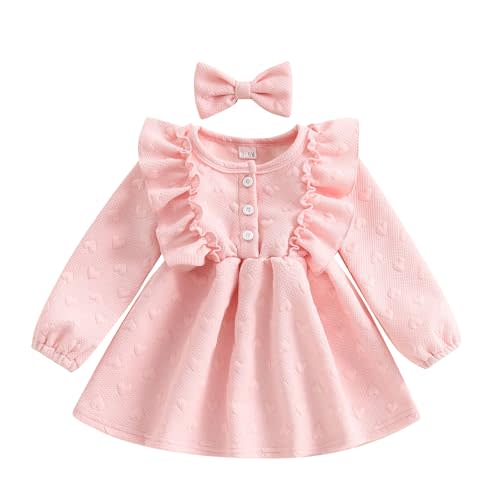 Karuedoo Toddler Baby Girl Valentines Dress Heart Textured Velvet Ruffle Long Sleeve Dress Birthday Party Wedding Dresses