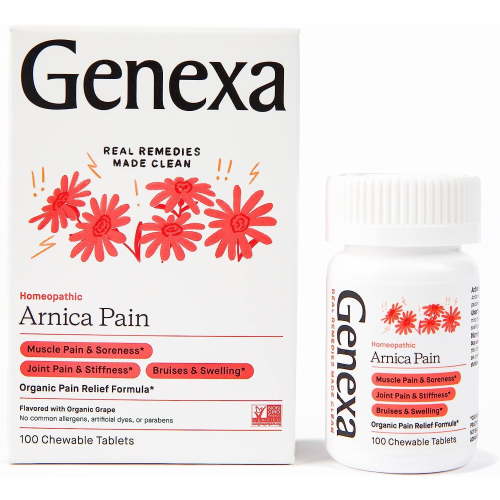 Genexa Arnica Tablets for Pain Relief Formula | Alleviate Muscle & Joint Pain, Soreness, & Stiffness | Delicious Organic Grape Flavor | Homeopathic Remedy Made Clean | 100 Chewable Tablets