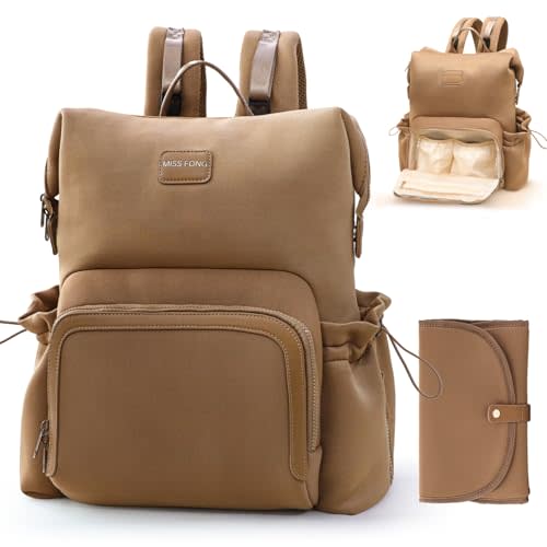 miss fong Diaper Bag Backpack - Baby Diaper Bag Neoprene Bag Large Capacity Neoprene Backpack with Diaper Changing Pad Paaleras Para Bebe Baby Bag with 12 Pockets for Mom & Dad -Brown