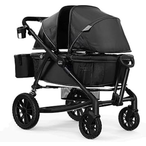 VEVOR Double Stroller, 2 Seats All-Terrain Wagon Foldable Expedition 2-in-1 Collapsible Wagon Stroller, Includes Canopy, Parent Organizer, Snack Tray & Cup Holders, 55lbs for Single Seat, Black