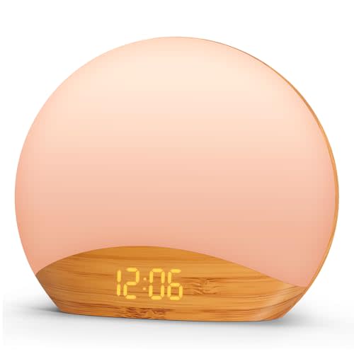 REACHER Wood Grain Sunrise Alarm Clock and Sound Machine Nightlight, Digital Dimmable Clocks for Bedroom, 26 Sleep Sounds, White Noise Machine for Baby, Adults, Wake Up Light Alarm Clock for Kids