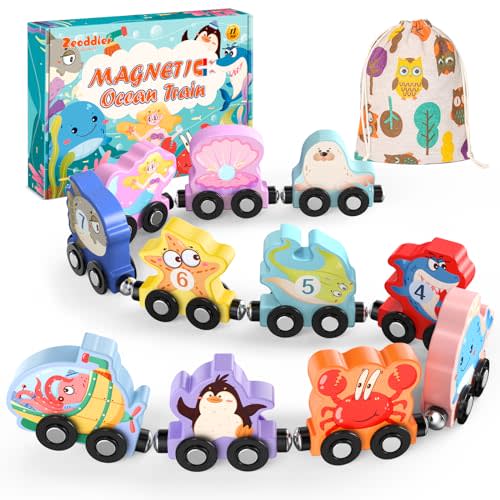 Zeoddler Toys for Toddlers, 11 Magnetic Wooden Sea Animals Train Set, Montessori Toys for Toddlers, Educational Activities for Kids, Birthday Gifts for Boys, Girls