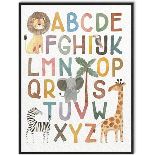 Alphabet Poster Nursery Wall Art: Kids Wall Art Animal Pictures Safari Nursery Decor for Classroom Playroom Wall Hanging Paintings 12"x16",ABC Alphabet Boy Girl Children Room Decor