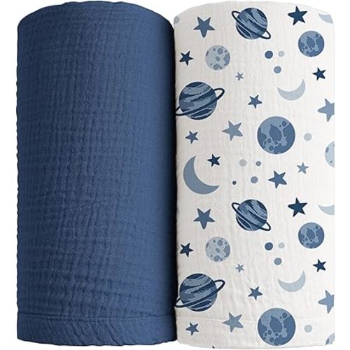 Konssy 2 Pack Muslin Swaddle Blankets, 100% Cotton Receiving Blanket Large 47 x 47 inches for Baby Boys Girls, Soft Breathable Muslin Baby Blanket for Newborn (Planet,Navy)