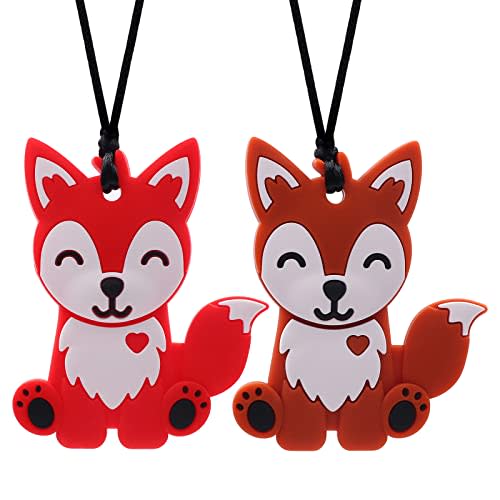 Chew Necklaces for Sensory Kids Boys and Girls, 2 Pack Fox Silicone Chewy Necklace for Autism, ADHD, SPD, Chewy Oral Motor Chewing Toy for Adults