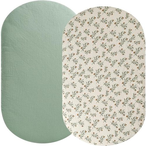 Muslin Bassinet Sheet Compatible with Snoo Smart Sleeper, Dream On Me Lacy Portable, Safety 1st Sleeper Bassinet, 2 Pack Cotton Fitted Bassinet Sheets for Baby Roman Green & Botanical Leaf - for Snoo Smart/Dream On Me Lacy/Simmoms ...