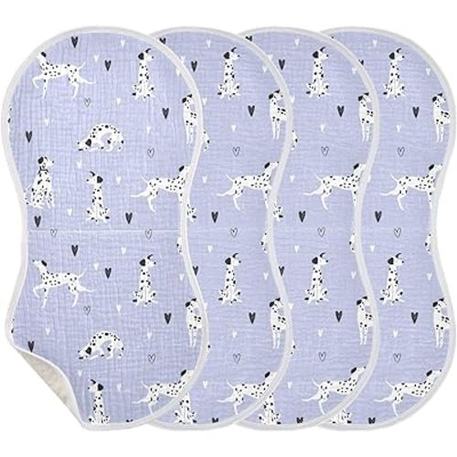 Muslin Burp Cloths for Baby Boys and Girls - 4-Pack Ultra Absorbent Cartoon Dalmatian Dogs Muslin Washcloths, Newborn Towel, Milk Spit Up Rags, Burp Cloth Bib for Unisex, 22 x 11 Inch
