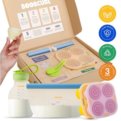 BoobCube Breastmilk Storage Reusable Freezer Trays with Lid l Baby Food Cube 4pcs Complete Kit l 0.5/1/2 Oz Silicone Storage Tray l Ultra Leak-Proof Breastmilk Storage l Reusable Storage Bags