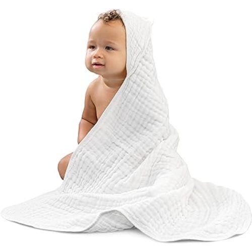 Comfy Cubs 2 Pack Baby Hooded 9 Layer Muslin Cotton Towel for Kids, Large 32” x 32”, Ultra Soft, Warm, and Absorbent. Baby Essentials Bath Towels, Cute Unisex Cover for Girls and Boys (2 Pack, White)