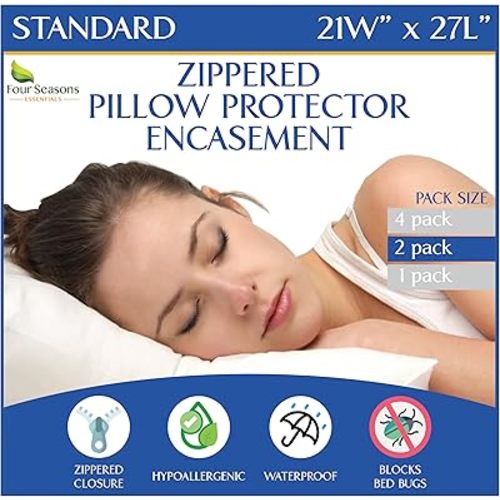 Four Seasons Essentials Standard Pillow Protectors (Set of 2) – Zippered Waterproof Pillow Covers Hypoallergenic Dust Proof Pillowcase Encasement Cover