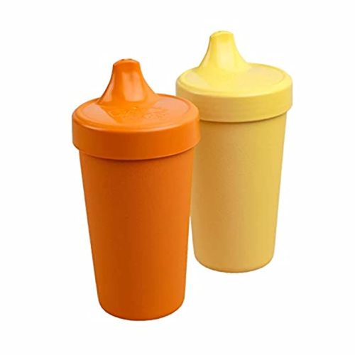 Re Play Made in USA 2pk Toddler Feeding No Spill Sippy Cups with 1 Piece Silicone Easy Clean Valve, BPA Free Eco Friendly Heavyweight Recycled Milk Jugs, Virtually Indestructible, Orange & Yellow - Orange/Yellow