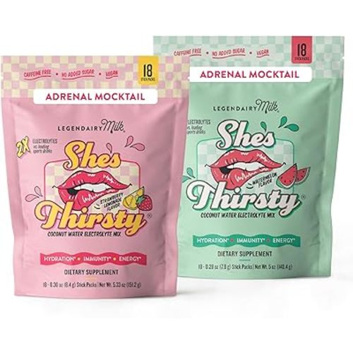 Legendairy Milk She’s Thirsty Hydration Packets | Cortisol Supplement for Stress Relief & Adrenal Support | Coconut Water Electrolytes Powder, Delicious Flavors, No Sugar Added 18 ct
