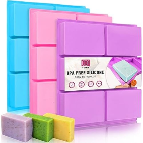Walfos Silicone Soap Molds Set of 3, 6 Cavities Rectangle Silicone Soap Molds for Homemade Craft Soap Mold, Cake Mold, Chocolate Mold ＆ Ice Cube Tray（Blue & Purple ＆ Pink）