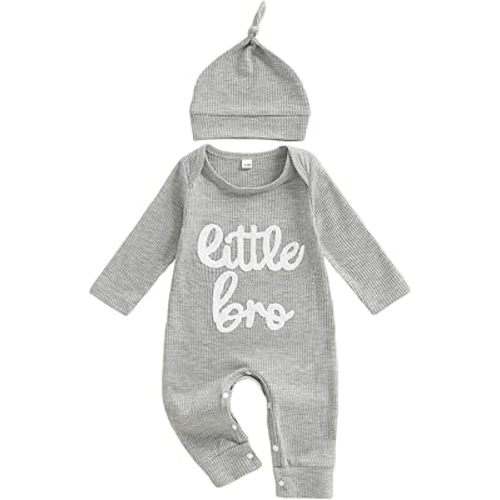 allshope Newborn Baby Boy Fall Outfit Romper Little Brother Lil Bro Long Sleeve Jumpsuit Bodysuit Cute Infant Waffle Clothes