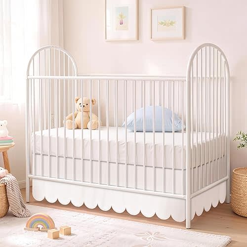Hahafelt Scalloped Crib Skirt for Baby Girl Nursery, 28"x 52" with 14" Drop, 4-Sided Dust Ruffle, Soft Breathable Fabric, Elegant Nursery Decor, Fits Standard Crib, White