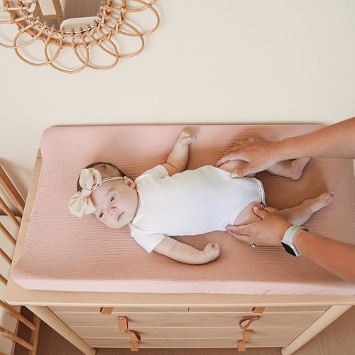 Konssy 2 Pack Muslin Changing Pad Cover for Baby Girls Boys 100% Cotton Fitted Diaper Changing Table Cover Set, Soft Changing Pad Sheets (Floral, Pinkl) - Floral, Pink,