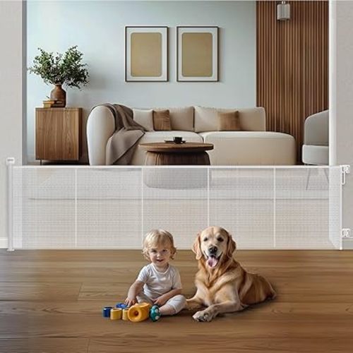 HOMEAL 120inch Retractable Baby Gate Extra Wide, Large Openings Safety Baby Gate, Long Retractable Mesh Dog Gate for Stairs, Doorways, Hallways, Indoor, Outdoor(White, Width Up to 120")