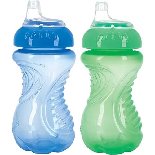 Nuby 2-Pack No Spill Easy Grip Trainer Cup 10 oz, Blue and Green