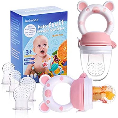 Baby Fruit Food Feeder Pacifier - Fresh Food Feeder, Infant Fruit Teething Teether Toy for 3-24 Months, 6 Pcs Silicone Pouches for Toddlers & Kids & Babies, 2-Pack (Light Pink)